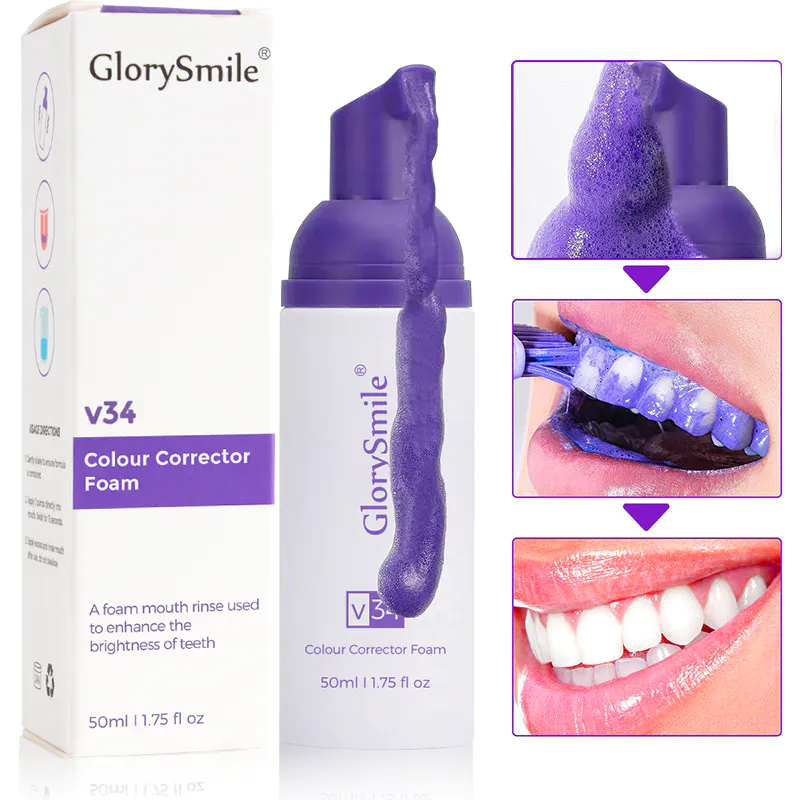 Glorysmile V34 Colour Corrector Teeth Whitening Foam Fluoride Free Toothpaste private logo